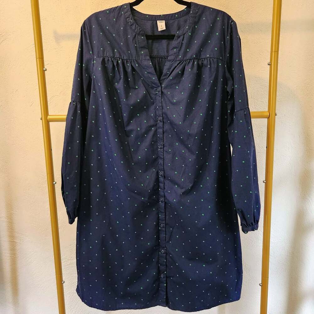 Old Navy Polka Dot Dress Size L Navy Blue Green Button Down